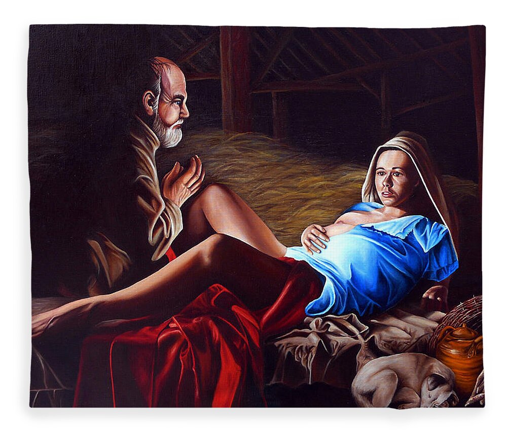 Virgin Mary Fleece Blanket featuring the painting The Birth by Vic Ritchey
