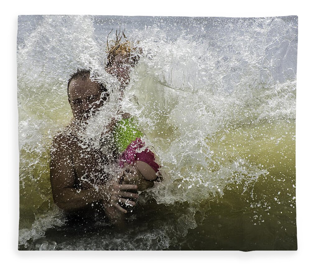 Ocean Beach Wave Surf Family Father Daughter Fleece Blanket featuring the photograph The Boom by WAZgriffin Digital