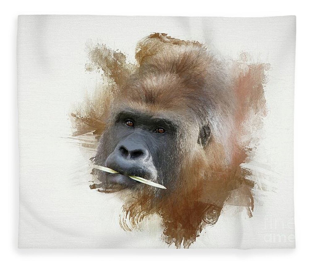 Gorilla Fleece Blanket featuring the mixed media The Boss by Eva Lechner