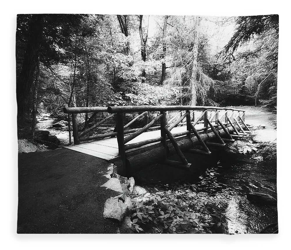 Landscape Fleece Blanket featuring the photograph The Bridge Through the Woods in Black and White by Trina Ansel