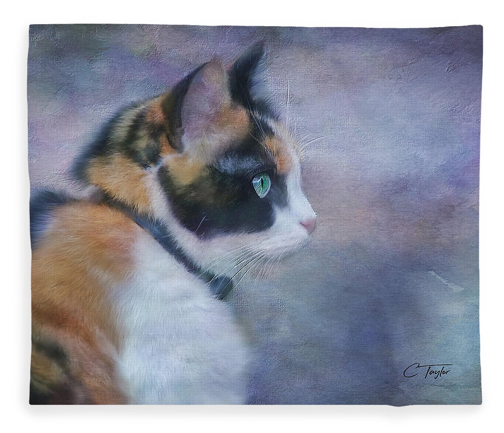 Cat Fleece Blanket featuring the digital art The Calico Staredown by Colleen Taylor
