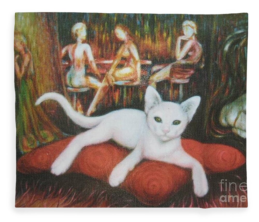 Cat Fleece Blanket featuring the painting The CAT by Sukalya Chearanantana