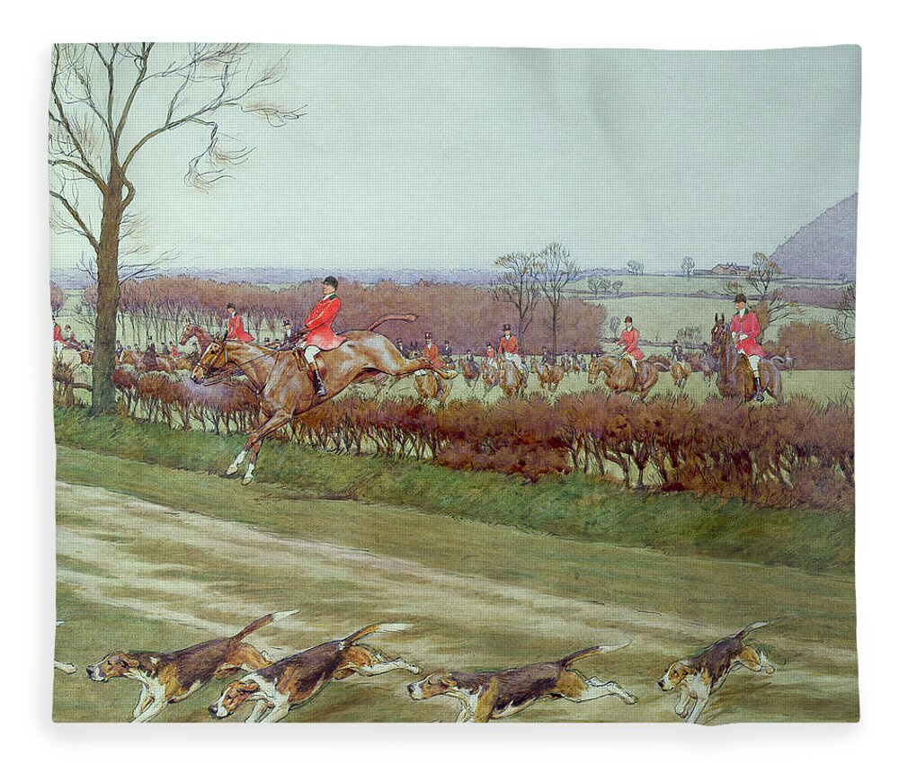 Hunt; Dogs; Hounds; Countryside; Jumping; Hedge; Trees; Horses ;j; Freeman Fleece Blanket featuring the painting The Cheshire away from Tattenhall by Cecil Charles Windsor Aldin