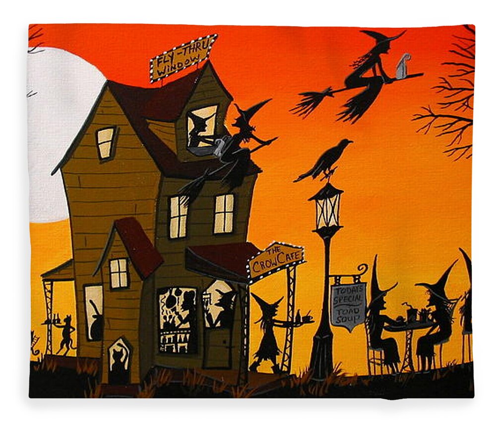 Art Fleece Blanket featuring the painting The Crow Cafe - Halloween witch cat folk art by Debbie Criswell