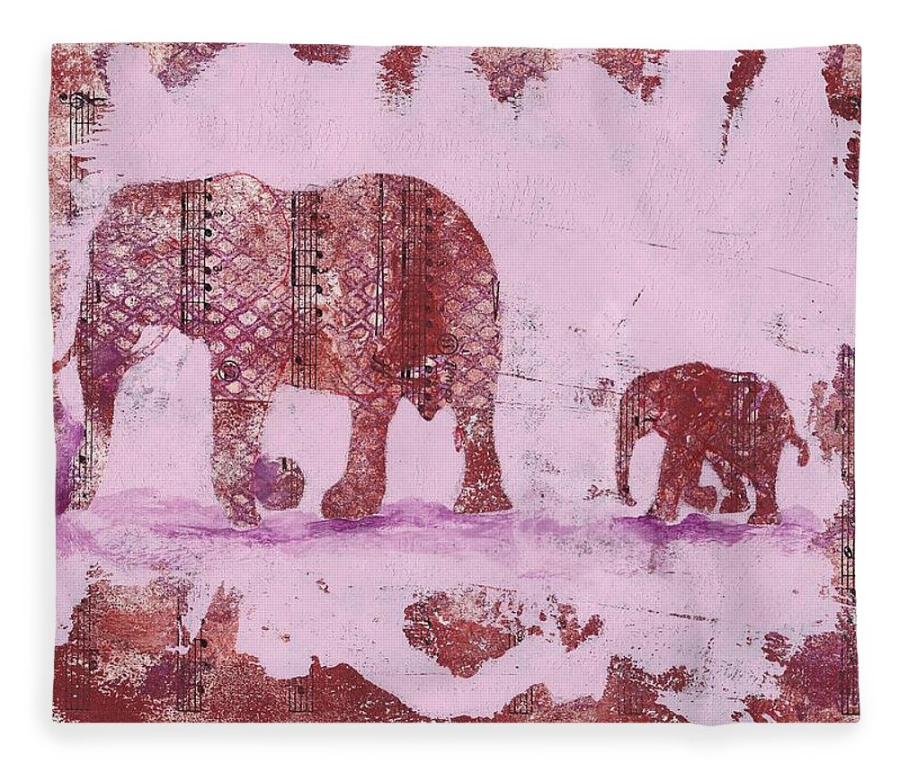Elephant Fleece Blanket featuring the mixed media The Elephant March by Ruth Kamenev