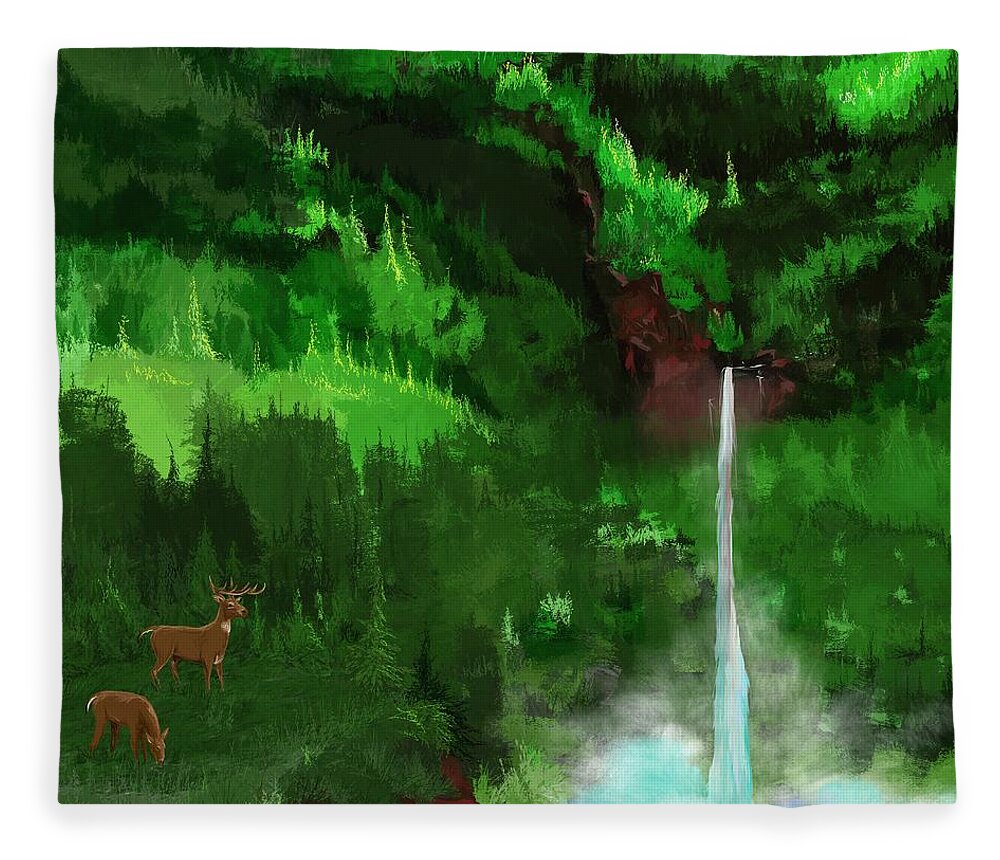 Animal Fleece Blanket featuring the digital art The Falls with deer by Debra Baldwin
