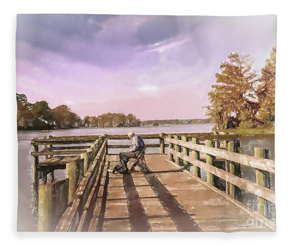 Nature Fleece Blanket featuring the mixed media The Fisherman by DB Hayes