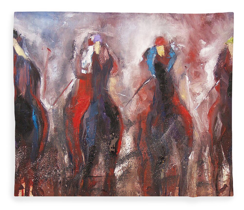 Horse Racing Fleece Blanket featuring the painting The Four Horsemen by John Gholson