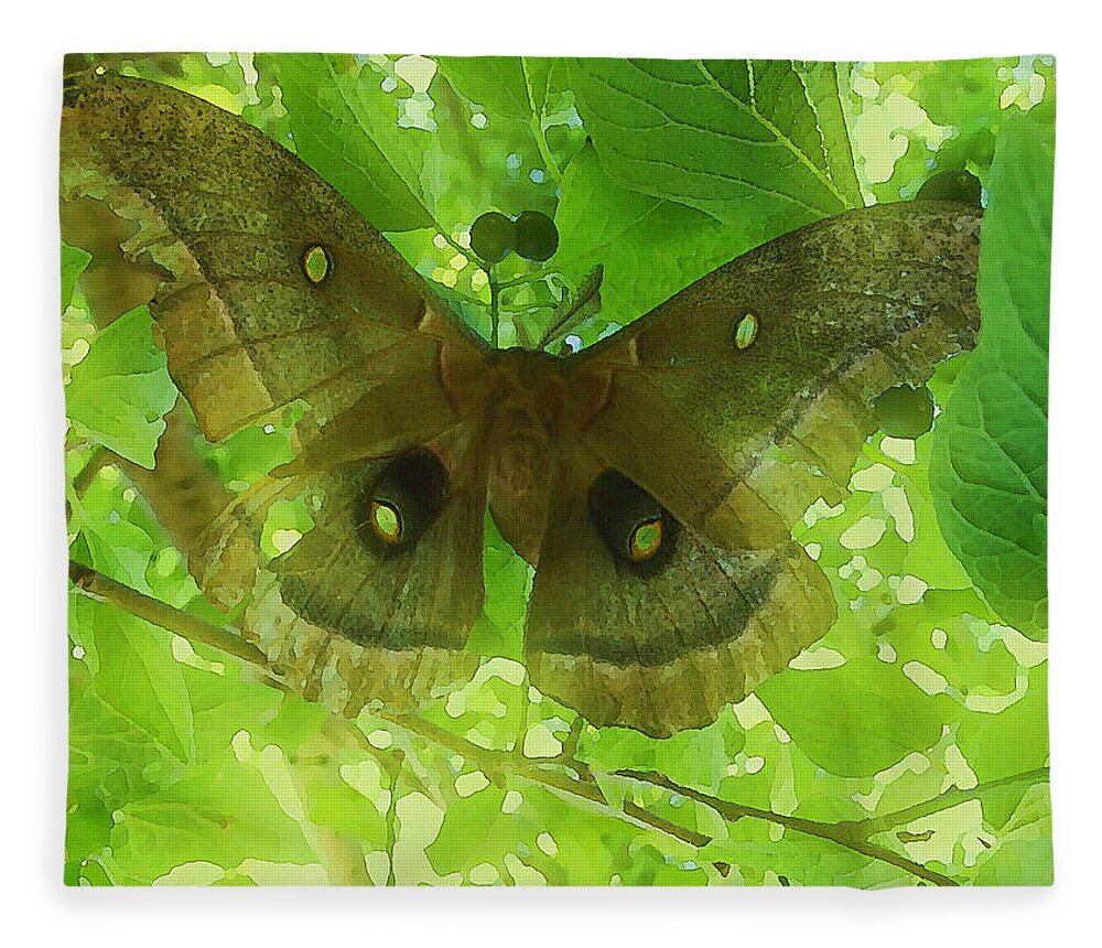 Polyphemus Fleece Blanket featuring the mixed media The fourth Day-a dying giant Polyphemus moth. by Shelli Fitzpatrick