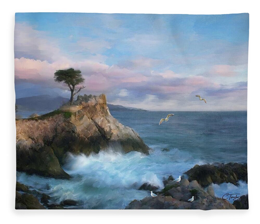 The Lone Cypress Fleece Blanket featuring the mixed media The Gritty Lone Cypress Tree by Colleen Taylor
