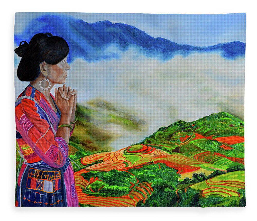 Rice Terraces Fleece Blanket featuring the painting The Icon by Thu Nguyen