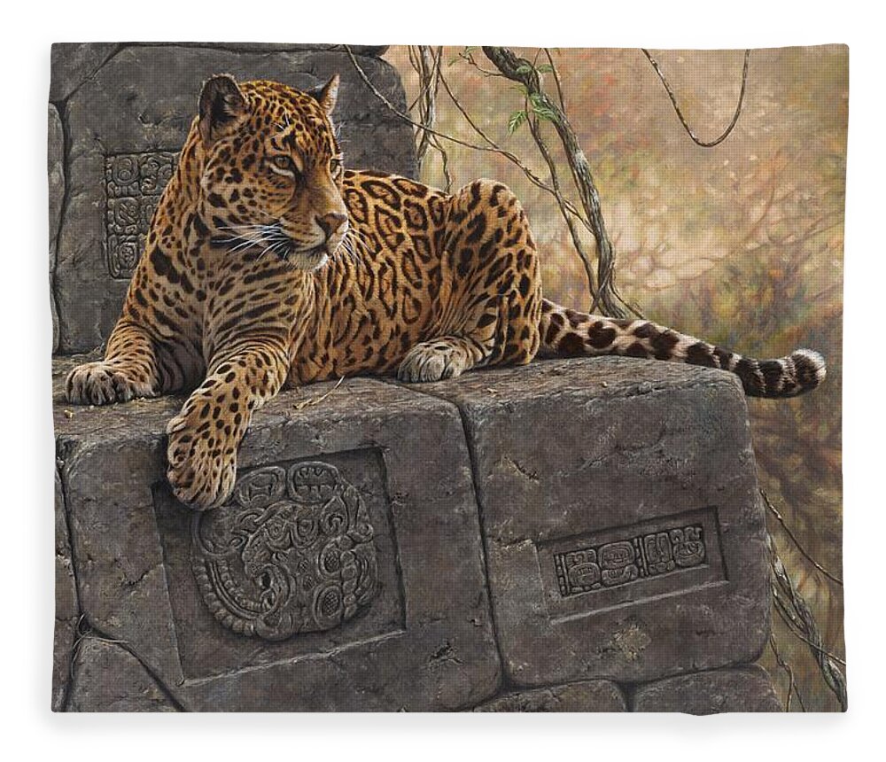 Jaguar Fleece Blanket featuring the painting The Jaguar King by Alan M Hunt