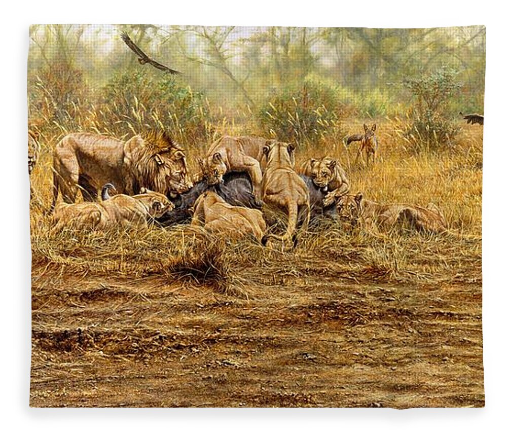 Lion Fleece Blanket featuring the painting The Kill by Alan M Hunt
