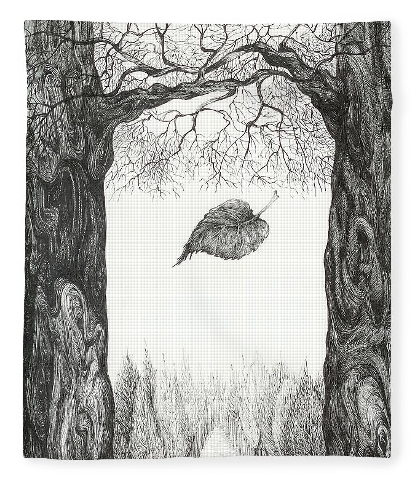 Landscape Fleece Blanket featuring the drawing The last leaf. better image by Anna Duyunova