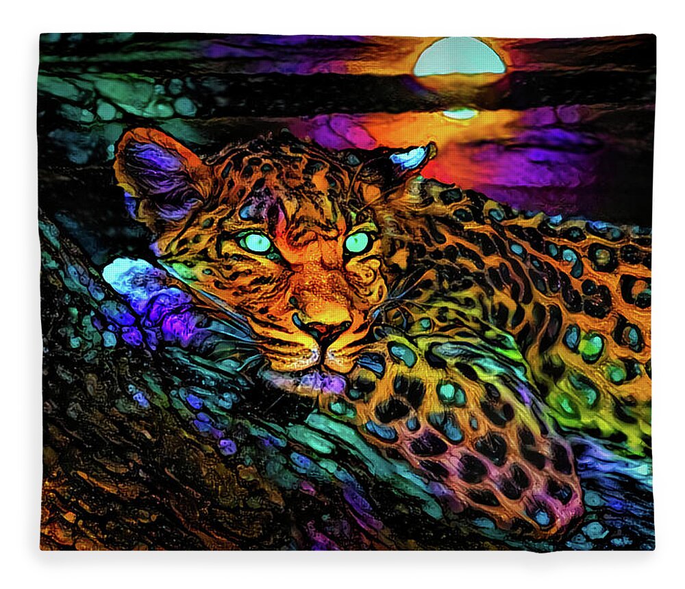 The Leopard On The Tree Fleece Blanket featuring the mixed media A Leopard on the tree by Lilia S