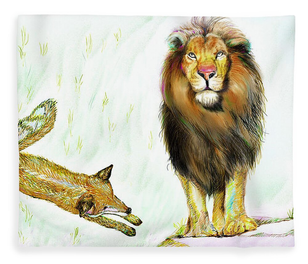 Lion Fleece Blanket featuring the painting The Lion and The Fox 2 - The True FriendShip by Sukalya Chearanantana