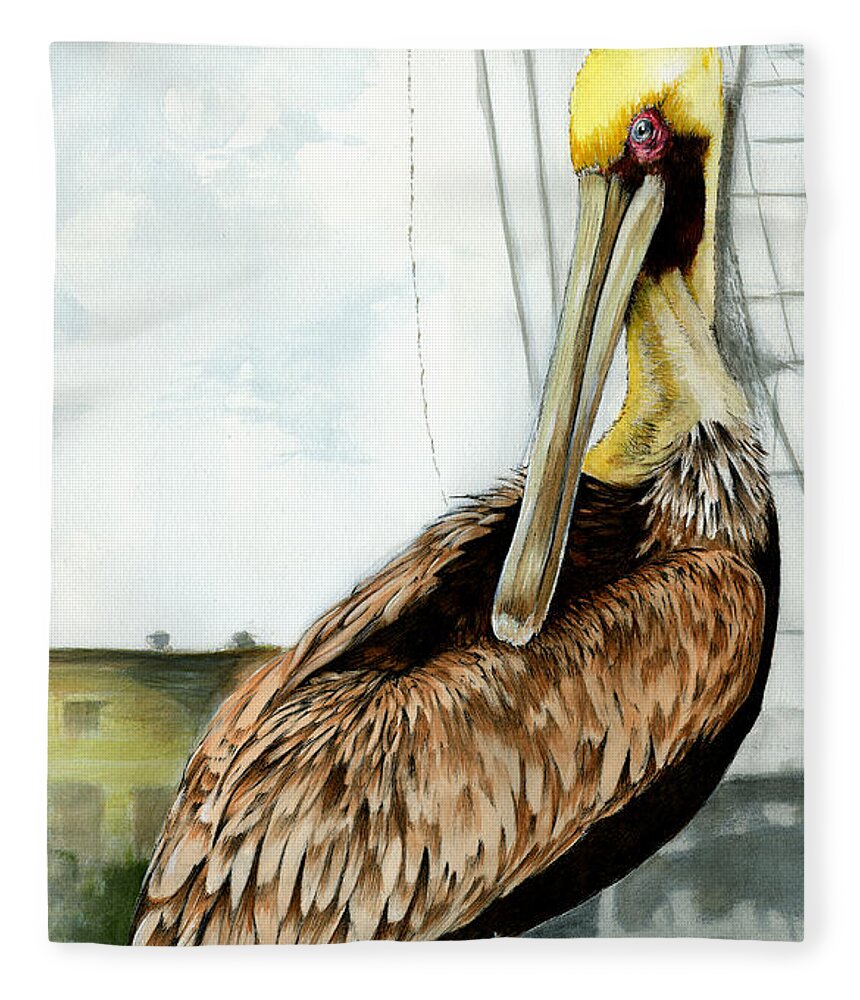 Pelican Fleece Blanket featuring the painting The Menace of Shem Creek by Thomas Hamm