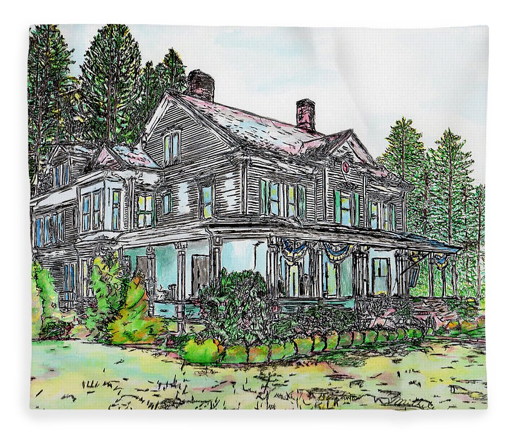 Pen Fleece Blanket featuring the drawing The Old Farm House by Michele A Loftus