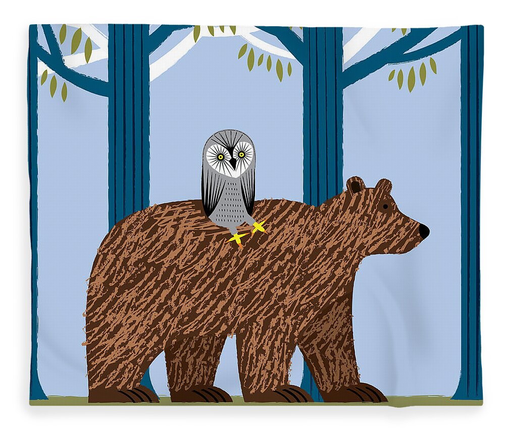 Bears Fleece Blanket featuring the digital art The Owl and the Bear by Oliver Lake