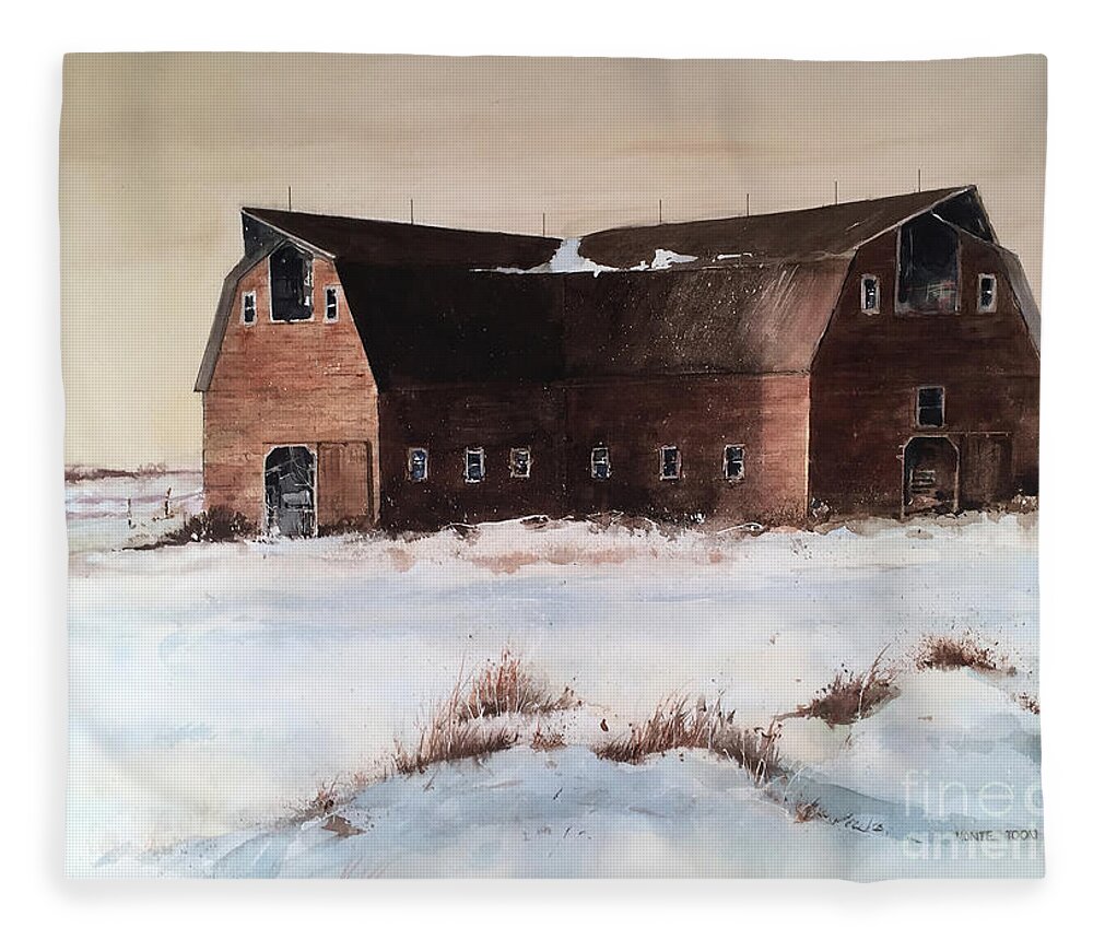 A Large Barn Sets In The Snow Covered Fields Of North Dakota. Fleece Blanket featuring the painting The Red Barn by Monte Toon