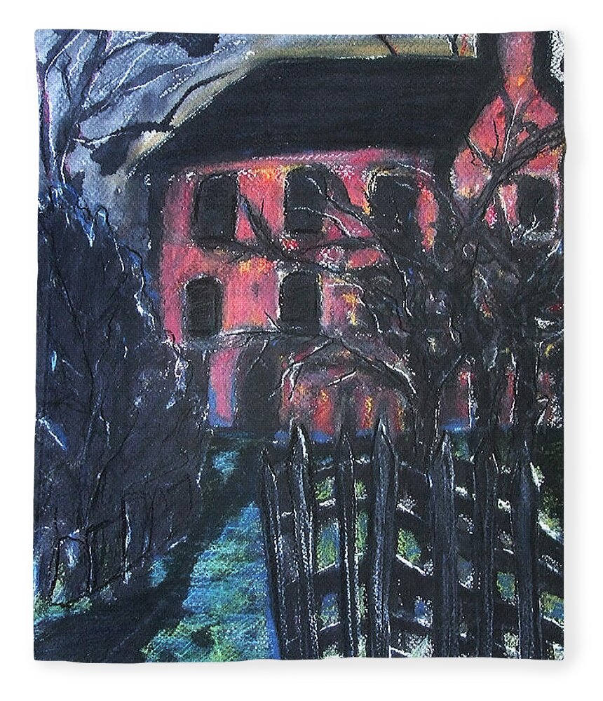 Original Art Pastel Chalk Drawing Red House Tree Fence Fleece Blanket featuring the pastel The Red House by Katt Yanda