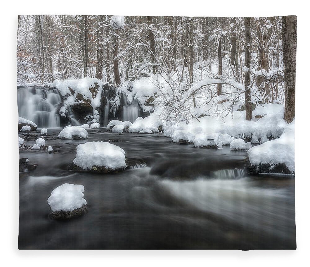 Rutland Ma Mass Massachusetts Waterfall Winter Snow Ice Water Falls Nature New England Newengland Outside Outdoors Natural Old Mill Site Woods Forest Secluded Hidden Secret Dreamy Long Exposure Brian Hale Brianhalephoto Snowing Peaceful Serene Serenity Fleece Blanket featuring the photograph The Secret Waterfall in Winter 2 by Brian Hale