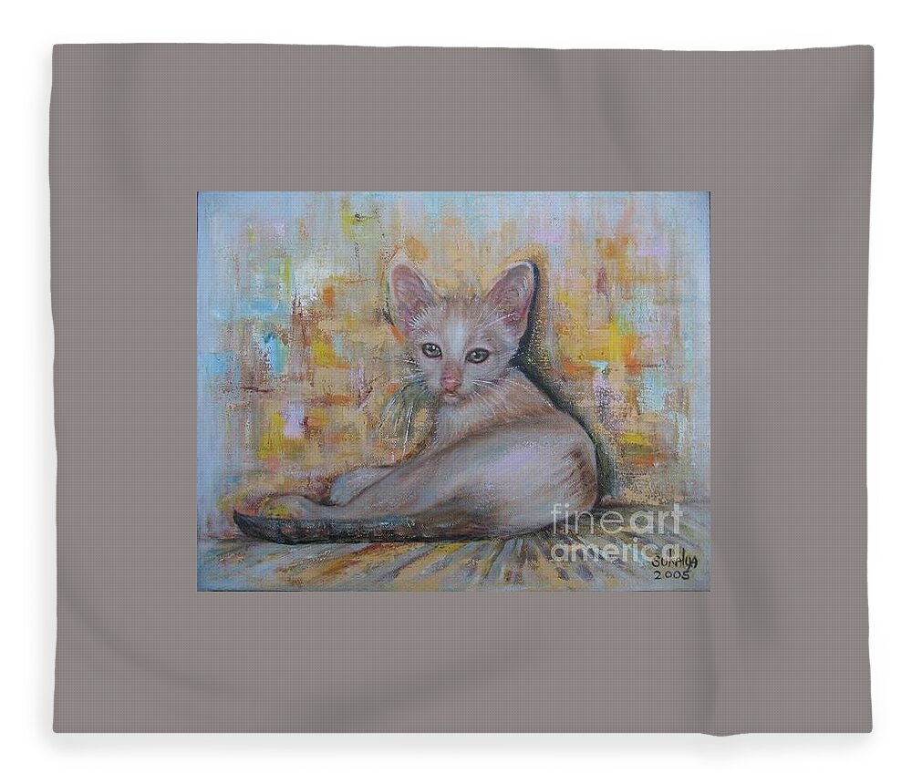 Cat Fleece Blanket featuring the painting The Sitting CAT by Sukalya Chearanantana