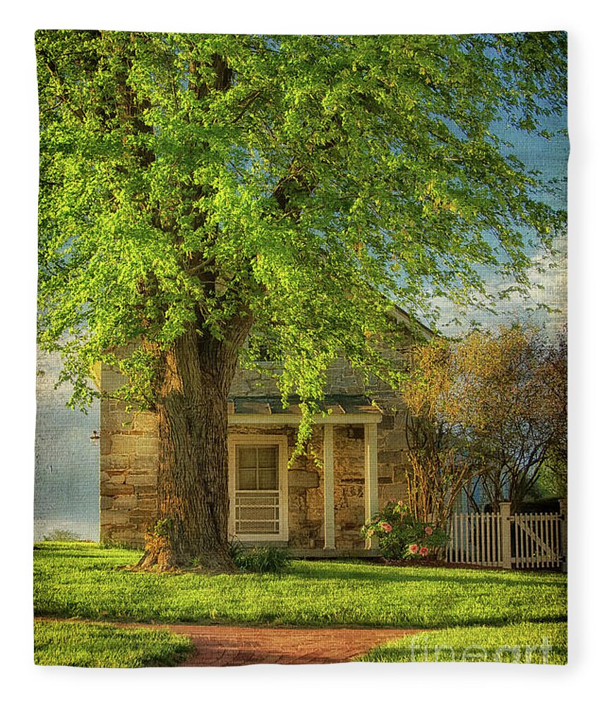 Cottage Fleece Blanket featuring the photograph The Stone Cottage On A Spring Evening by Lois Bryan