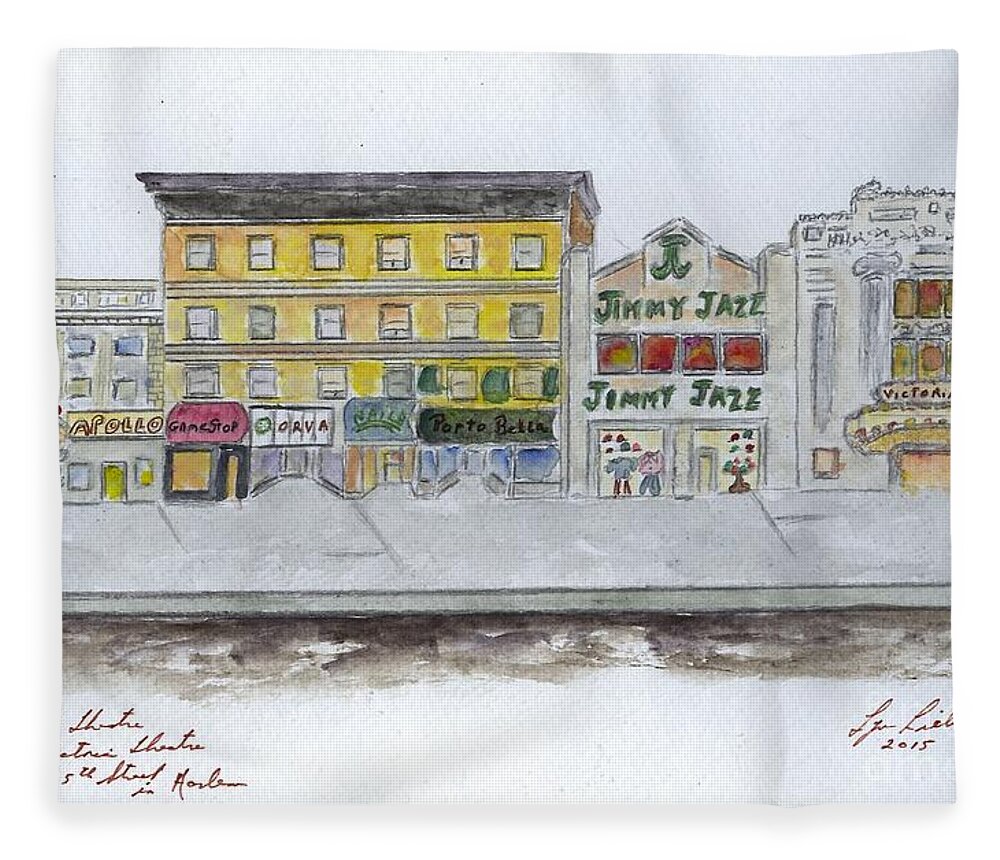 Apollo Theater Fleece Blanket featuring the painting Theatre's of Harlem's 125th Street by AFineLyne