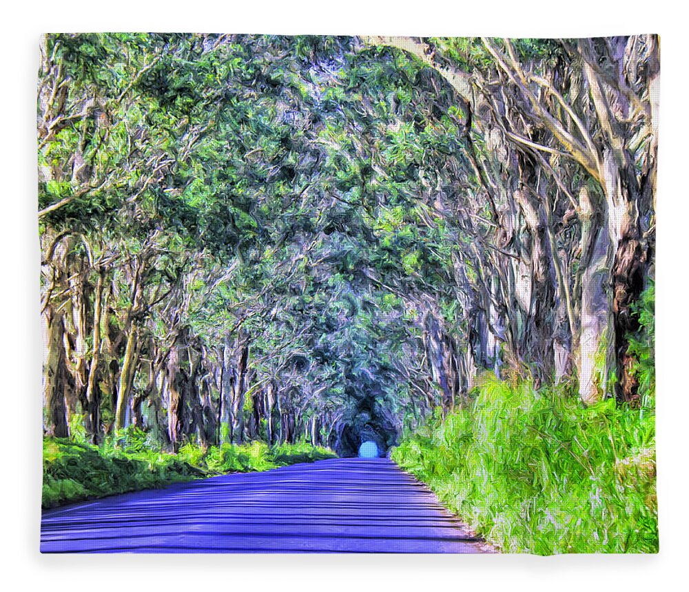 Tree Tunnel Fleece Blanket featuring the painting The Tree Tunnel on Maluhia Road Kauai by Dominic Piperata