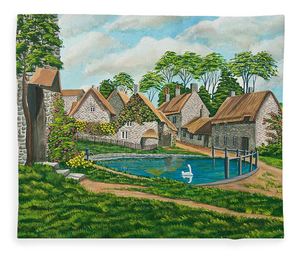 English Painting Fleece Blanket featuring the painting The Village Pond in Wroxton by Charlotte Blanchard