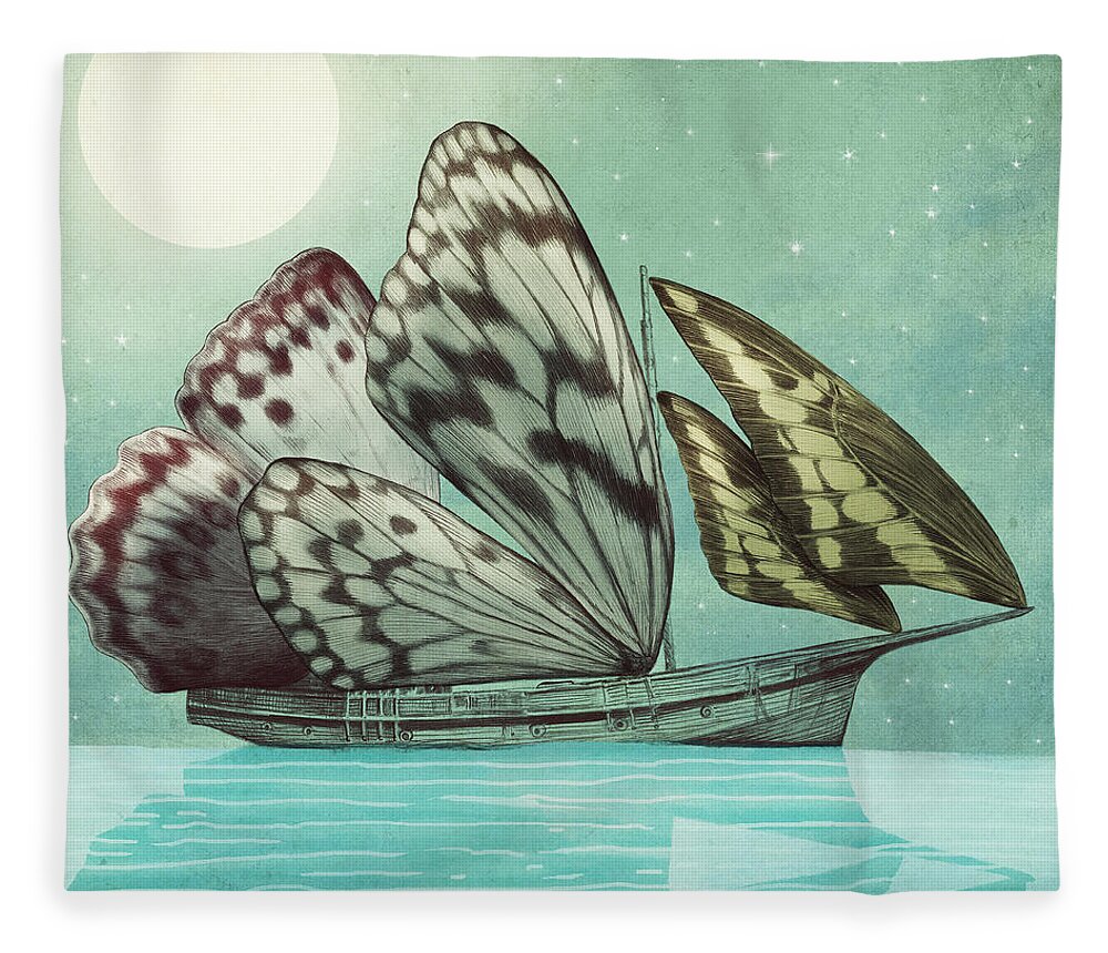 Butterfly Fleece Blanket featuring the drawing The Voyage by Eric Fan