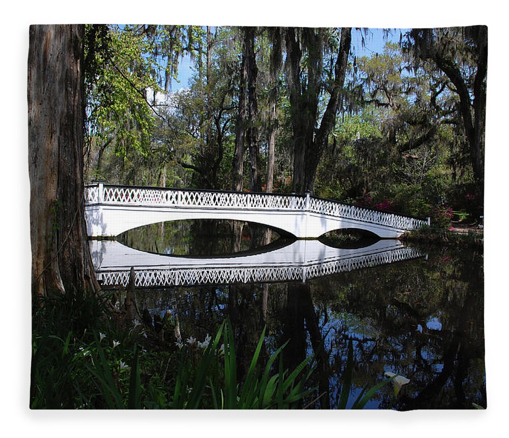 Photography Fleece Blanket featuring the photograph The White Bridge in Magnolia Gardens Charleston by Susanne Van Hulst