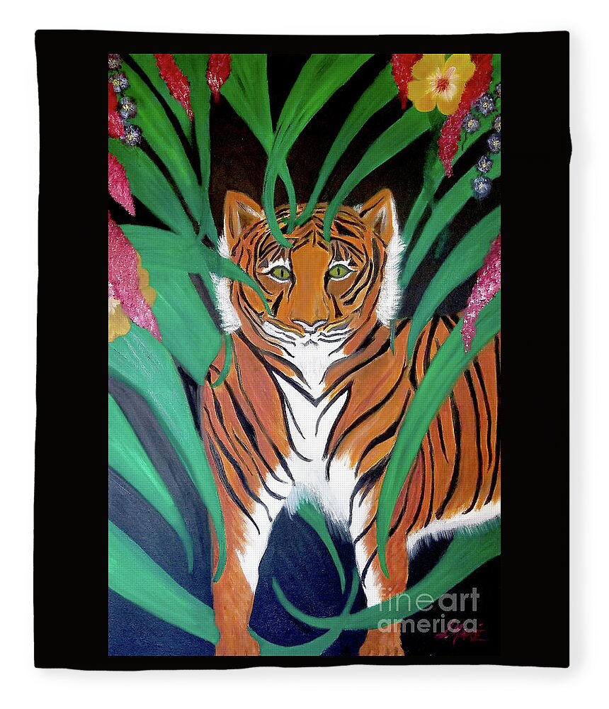 Tiger Fleece Blanket featuring the painting The Wild One by Artist Linda Marie