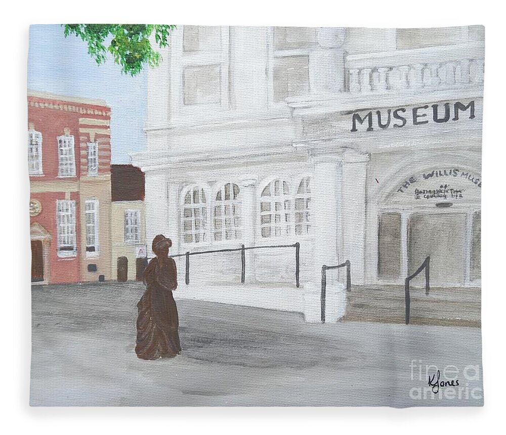 The Willis Museum Fleece Blanket featuring the painting The Willis Museum Basingstoke with Jane Austen Statue by Karen Jane Jones
