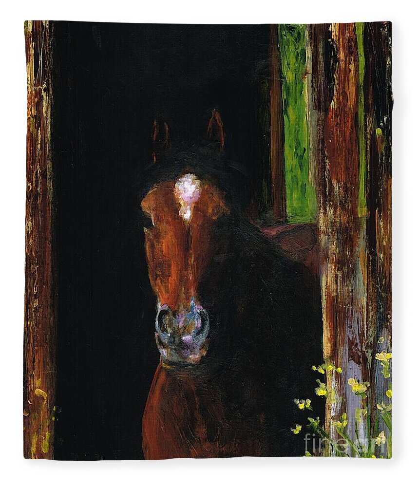 Horses Fleece Blanket featuring the painting Theres Bugs Out There by Frances Marino