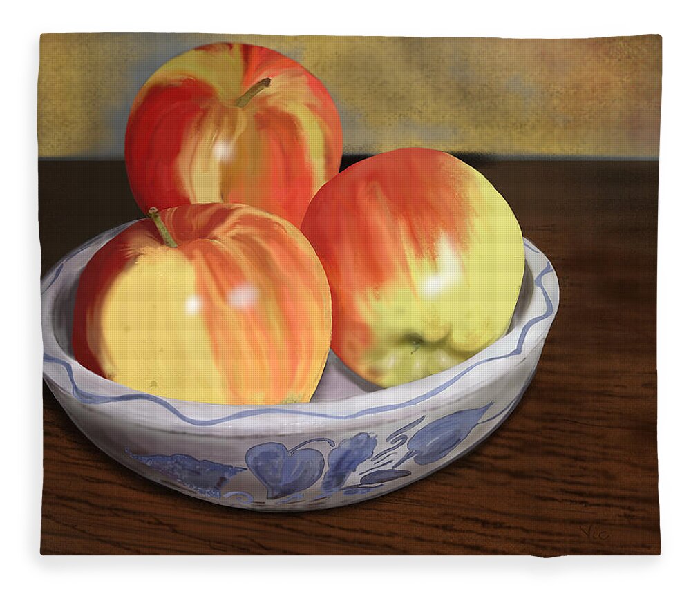 Apples Fleece Blanket featuring the painting Three Apples by Victor Shelley