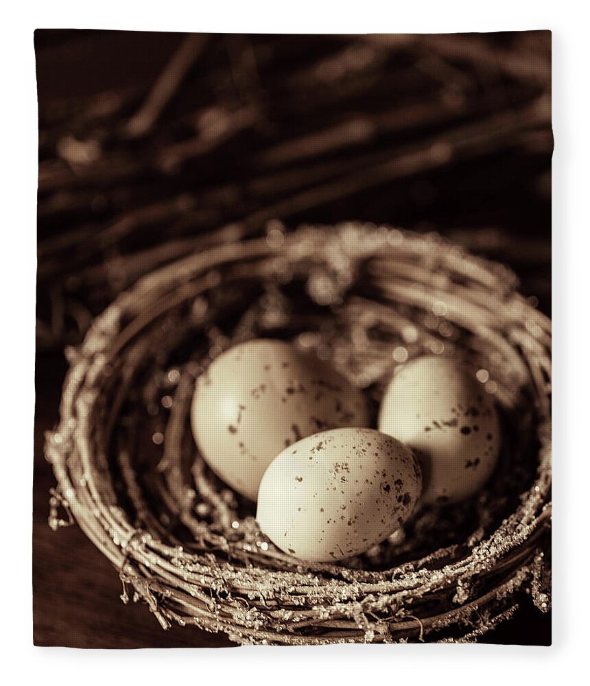 Eggs Fleece Blanket featuring the photograph Three Eggs in a Nest by Rebecca Cozart