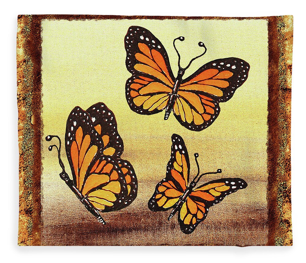 Monarch Butterfly Fleece Blanket featuring the painting Three Monarch Butterflies by Irina Sztukowski