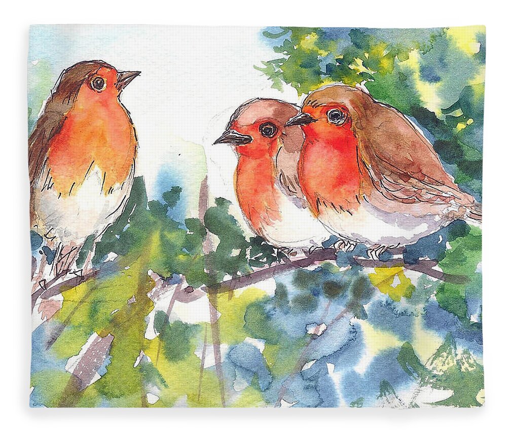 Three Robins Fleece Blanket featuring the painting Three robins by Asha Sudhaker Shenoy