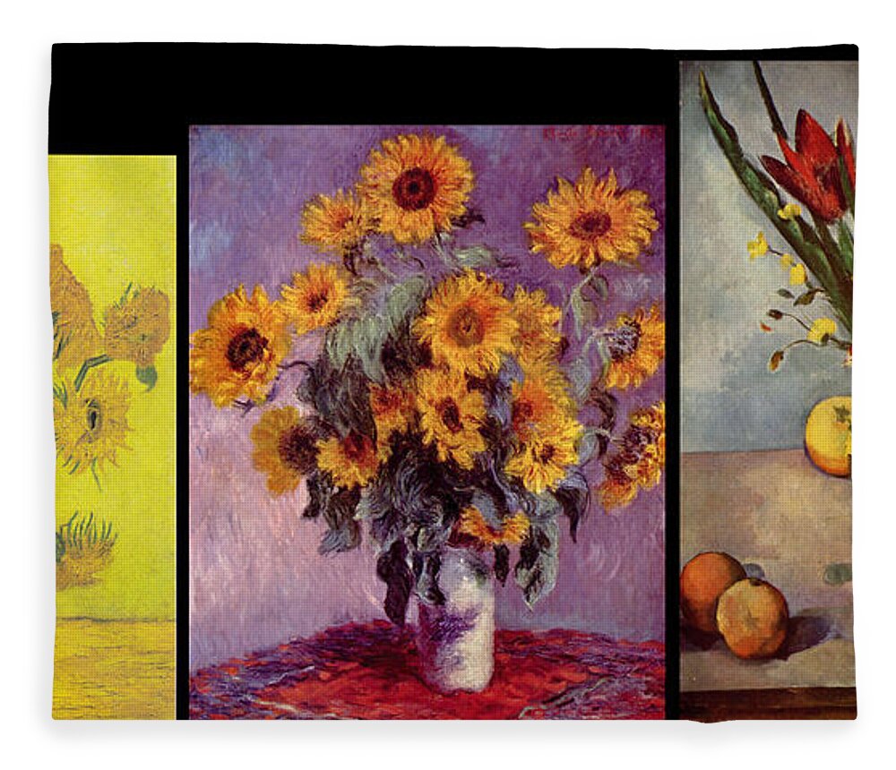 Abstract In The Living Room Fleece Blanket featuring the digital art Three Vases van Gogh - Monet - Cezanne by David Bridburg
