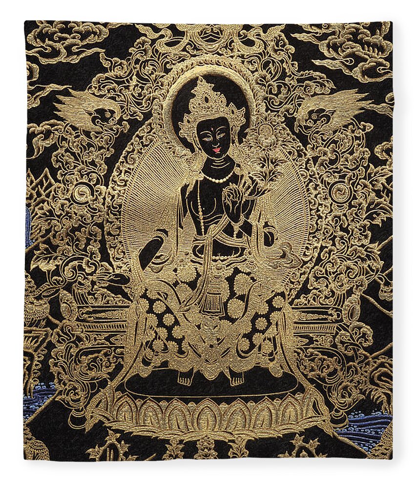'treasures Of Tibet' Collection By Serge Averbukh Buddha Fleece Blanket featuring the digital art Tibetan Thangka - Maitreya Buddha by Serge Averbukh