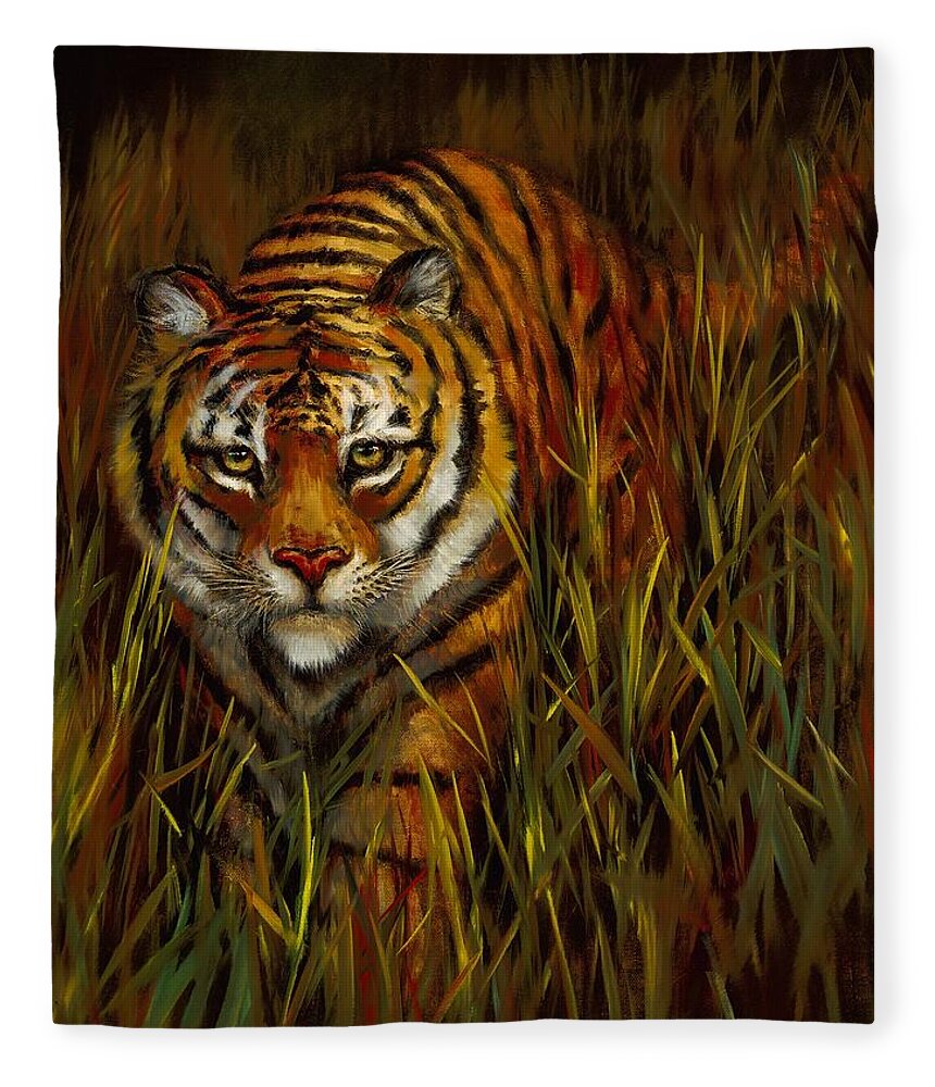 Tiger Fleece Blanket featuring the painting Quietly Waiting by Lynne Pittard