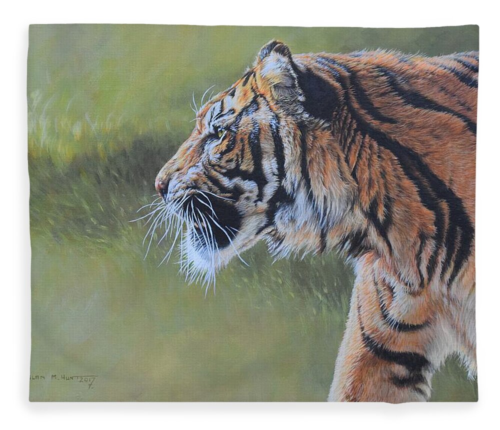 Tiger Fleece Blanket featuring the painting Tiger Portrait by Alan M Hunt