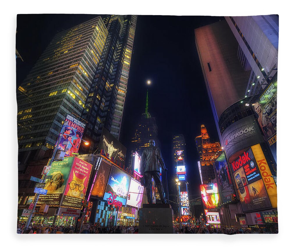 Art Fleece Blanket featuring the photograph Times Square Moonlight by Yhun Suarez