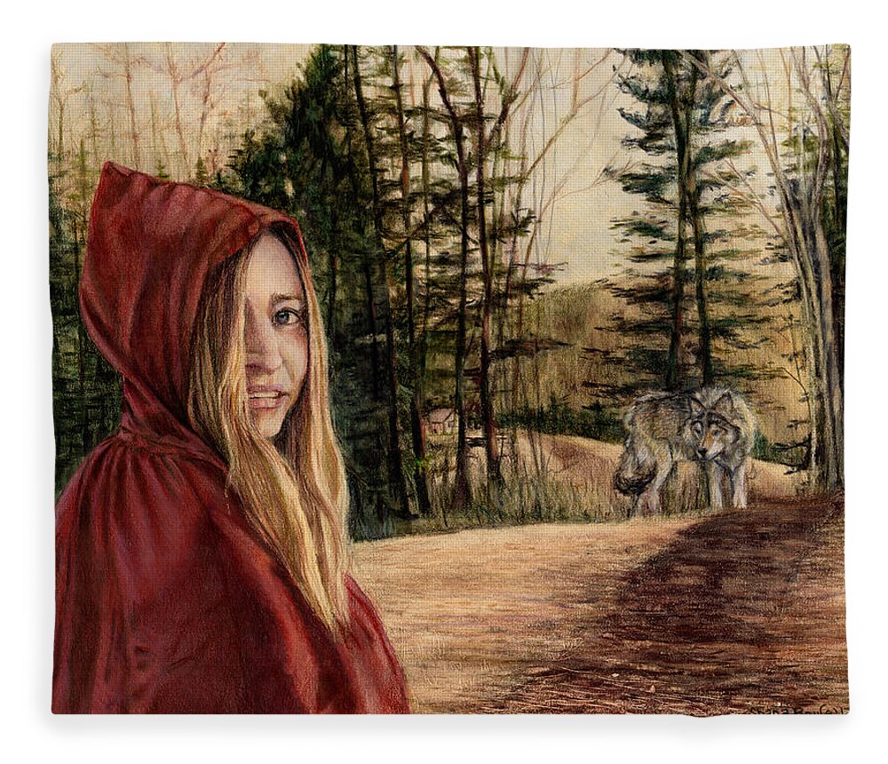 Little Red Riding Hood Fleece Blanket featuring the drawing To Grandmother's House We Go by Shana Rowe Jackson