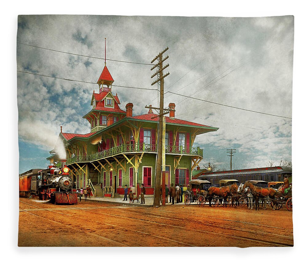 Train Station - Pensacola FL - The Louisville and Nashville Railroad 1900  Fleece Blanket by Mike Savad - Mike Savad - Artist Website