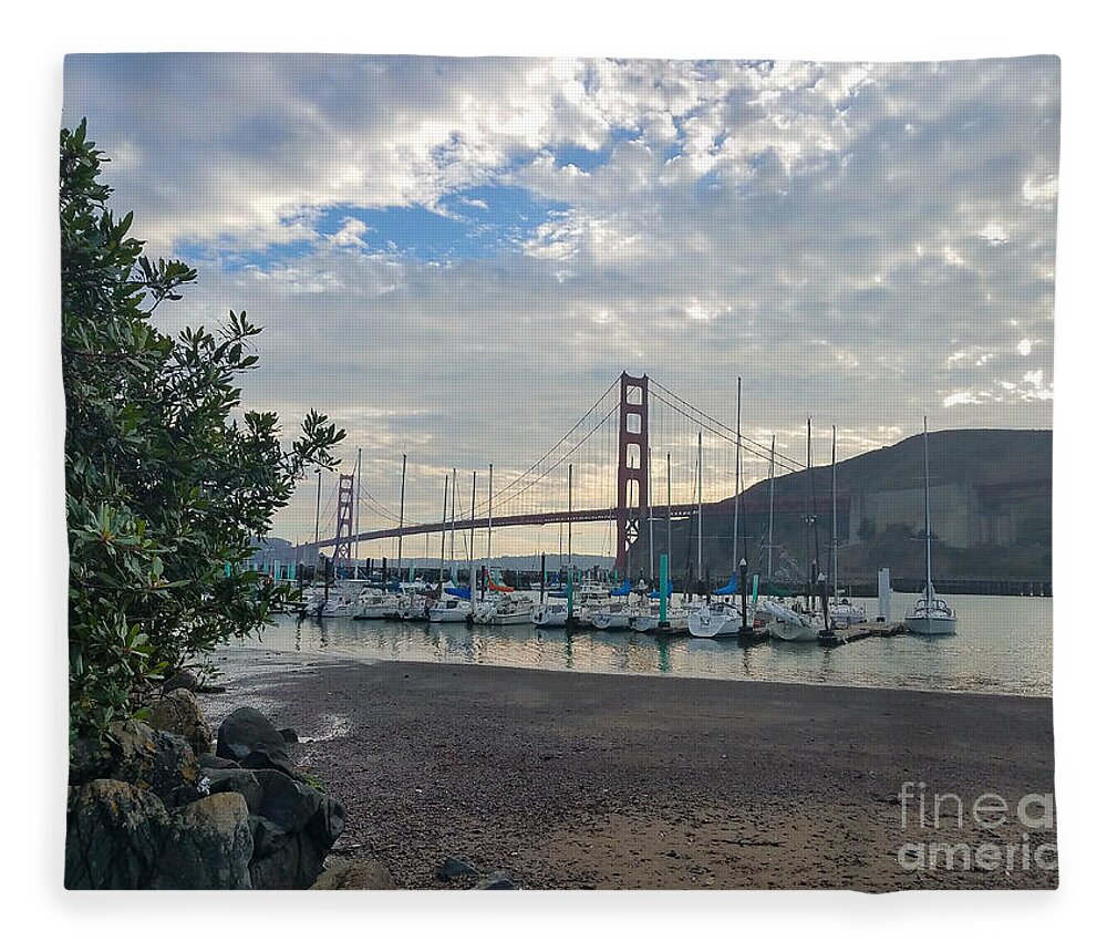 Travis Marina Fleece Blanket featuring the photograph Travis Marina Golden Gate Bridge by Artist Linda Marie