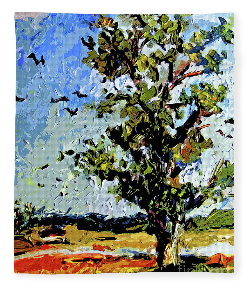 Trees Fleece Blanket featuring the mixed media Tree in Summer Sun Mixed Media by Ginette Callaway