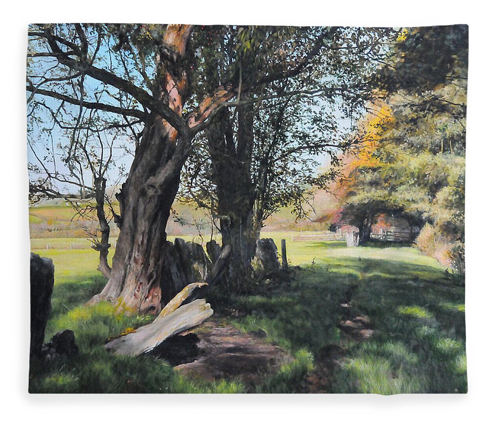 Landscape Fleece Blanket featuring the painting Trees near Rhug. by Harry Robertson